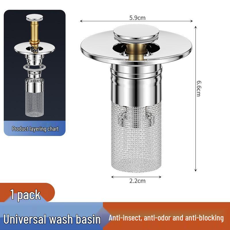 Stainless Steel Pop-up Drain Stopper & Filter for Washbasins - Universal Fit, Anti-Hair Clog Prevention.