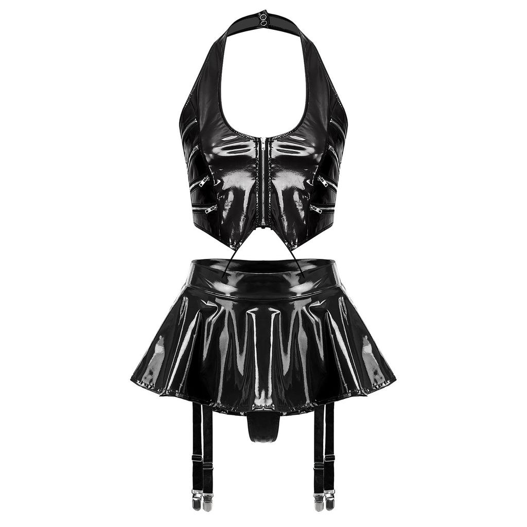 Women PU Leather Crop Top Halter Back Lace Up Built-in Briefs Miniskirt Garter Clips Clubwear Set