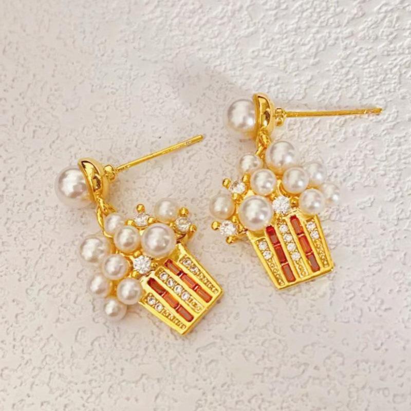

Niche Design Pearl Drop Popcorn Pendant Earrings – High-End 925 Silver with Inlaid Pearls