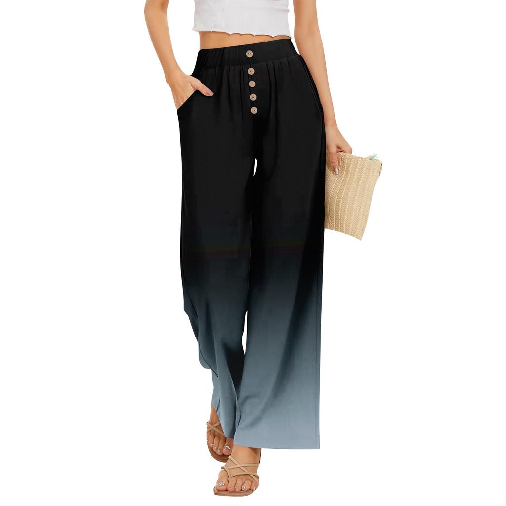 Damen Sommer Locker Weites Bein Hose Elastischer Bund Knopfleiste Vorne Mit Taschen Polka Dot Farbverlauf Druck Lässige Hose