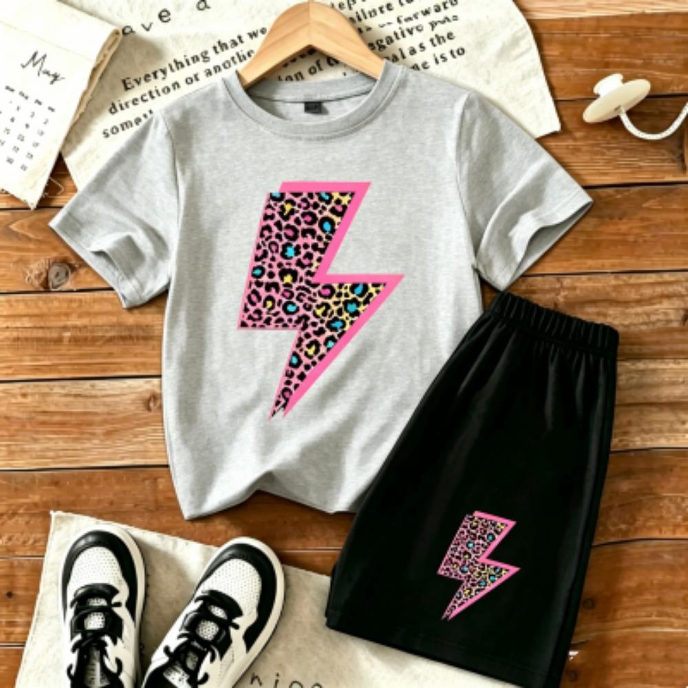 Kids Leopard Lightning Fun Printed 11 Colors Outdoor Street Kids T-shirt and Shorts 2 Piece Set Summer Home Casual Outfit Boy and Girl's Sports Set