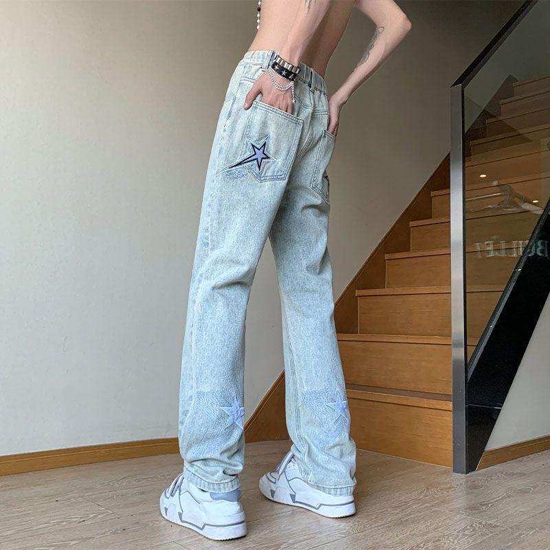 Calças estilo americano vibe high street bordado azul claro estrela jeans design masculino senso calças retas