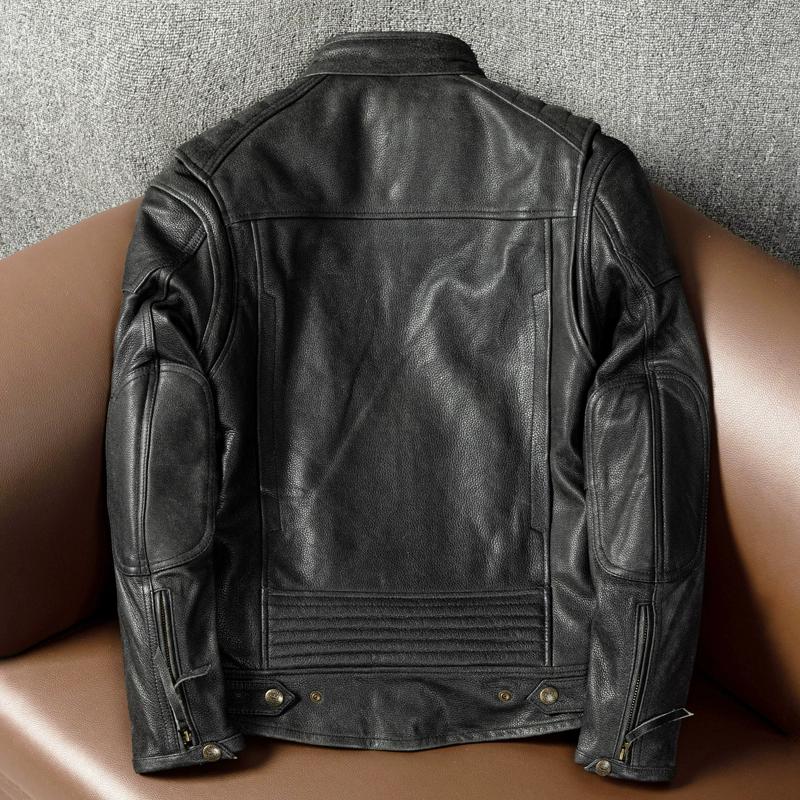 Genuine Leather Motorcycle Jacket Men Vintage Biker Coat Real Cowhide Outerwear
