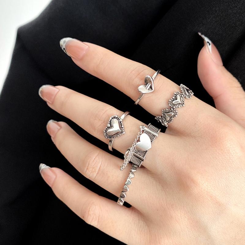 Mote Sølvfarge Diamant Butterfly Chain Ring For Kvinner Menn Rosa Hjerte Nøkkellås Dusk Finger Ringer Sett Trendy Smykker Gave