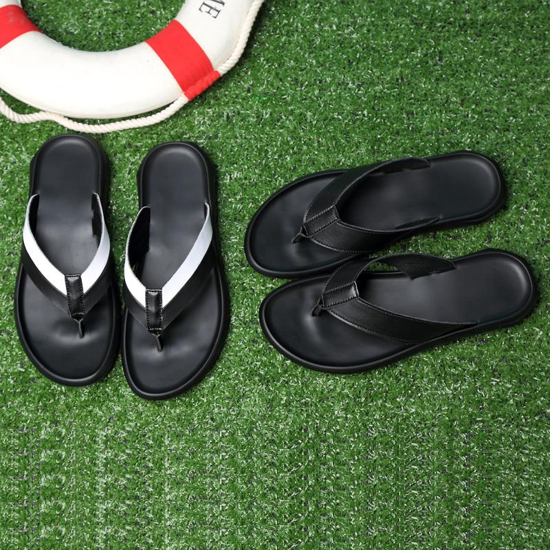 New Men'S Black Leather Flip Flops Thick Sole Non-Slip Casual Slides Summer Beach Comfortable Anti-Slip Walking Sandals For Men