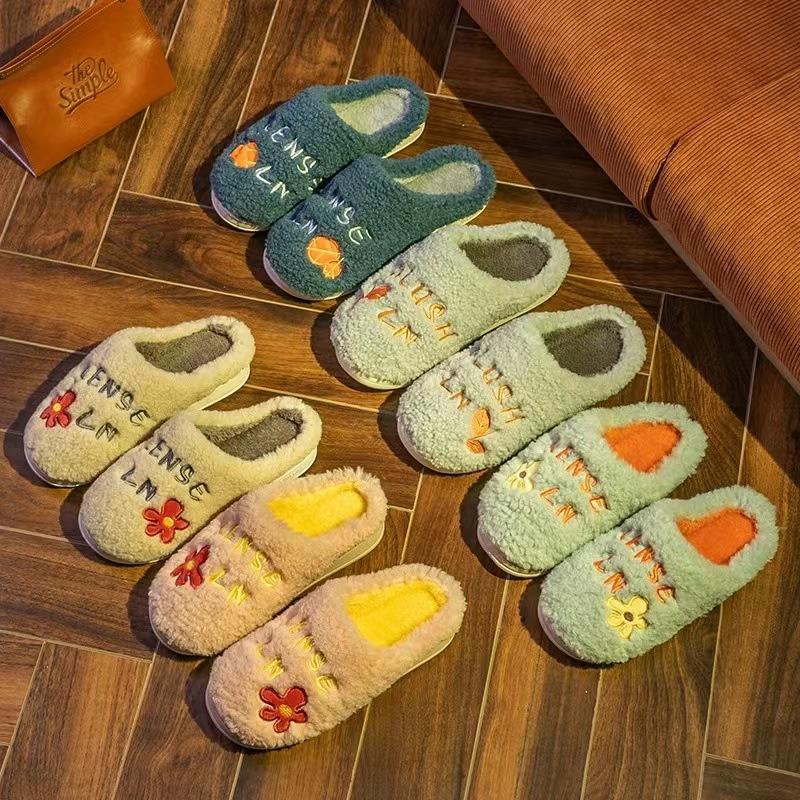 Slippers Autumn and Winter Home Indoor Cute Non-slip Shoes Couple Plush Home Cotton Slippers Fluffy Tray