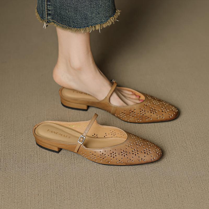 Fashion 2025 New Summer Women Mules Genuine Leather Shoes for Women Squared Toe Low Heel Shoes Cover Toe Slingback Slippers Modern
