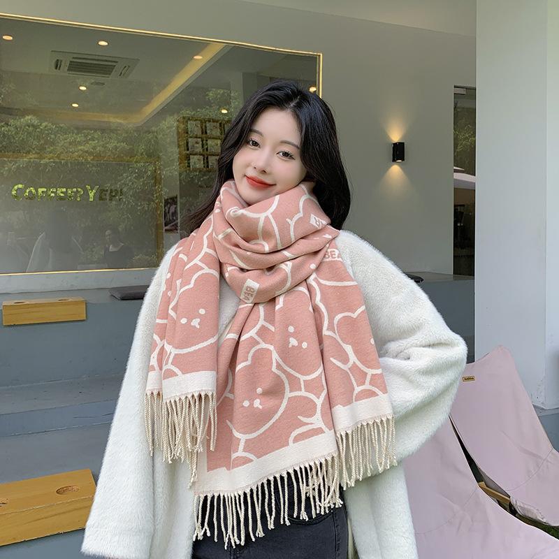 Cute Bear Cashmere Scarf Feel Fringed Shawl Soft Girl Winter Student Scarf Warm Thickened Scarf