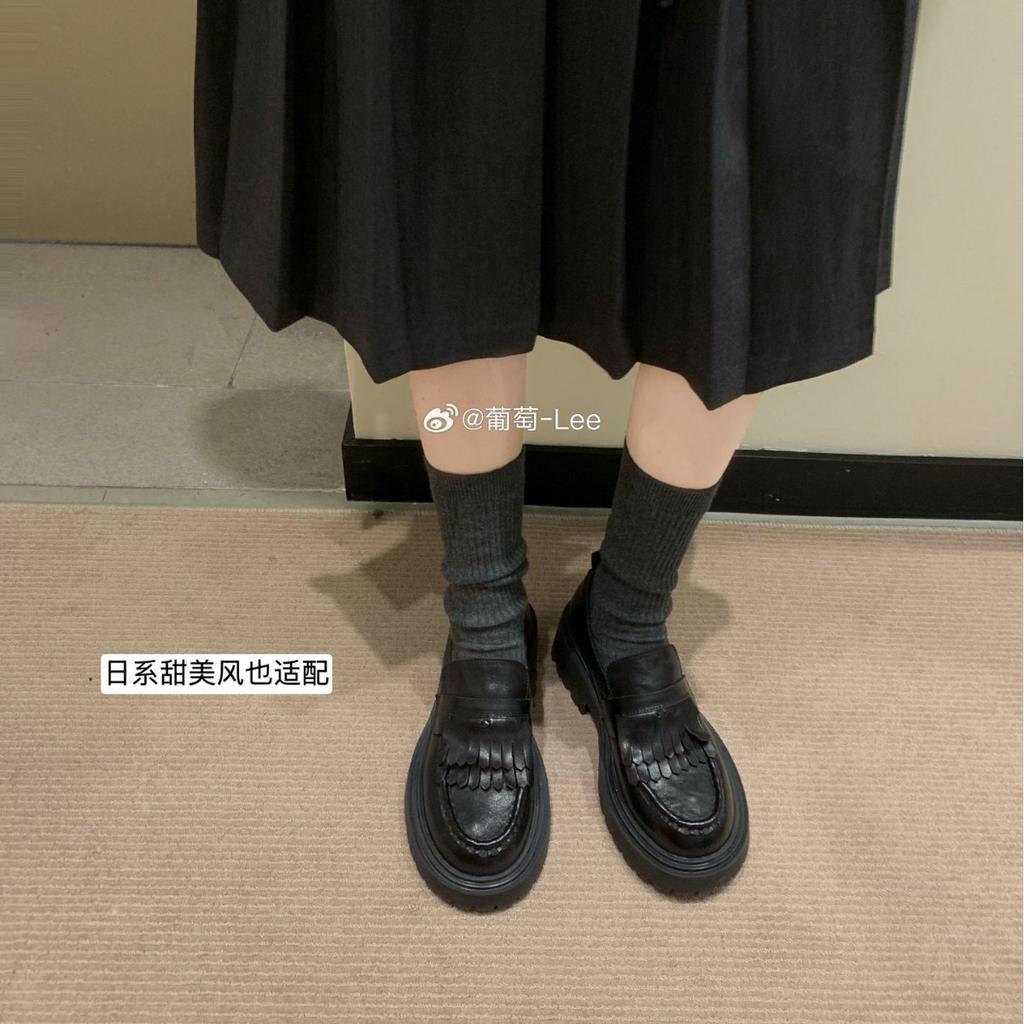 Grape Mother, the Same Round Head Double-layer Fringed Thick Sole Heightening Thick Heel Small Leather Shoes, One Pedal Versatile Shallow M