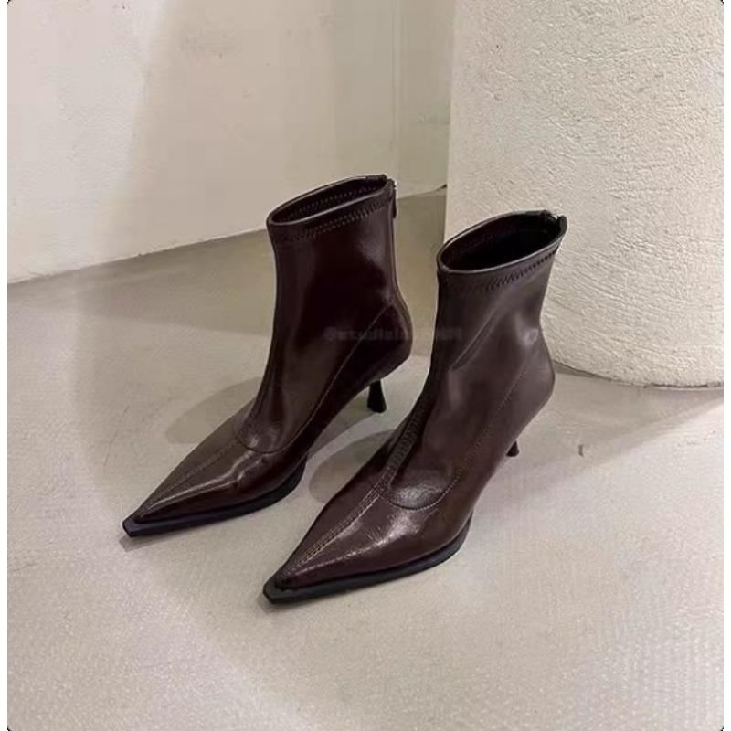 Fashion Spring Women's Pointed Toe High-heeled Short Boots with Stiletto Heelsoptional Fleece Lining Medium-heeled Fashion Women's Boots