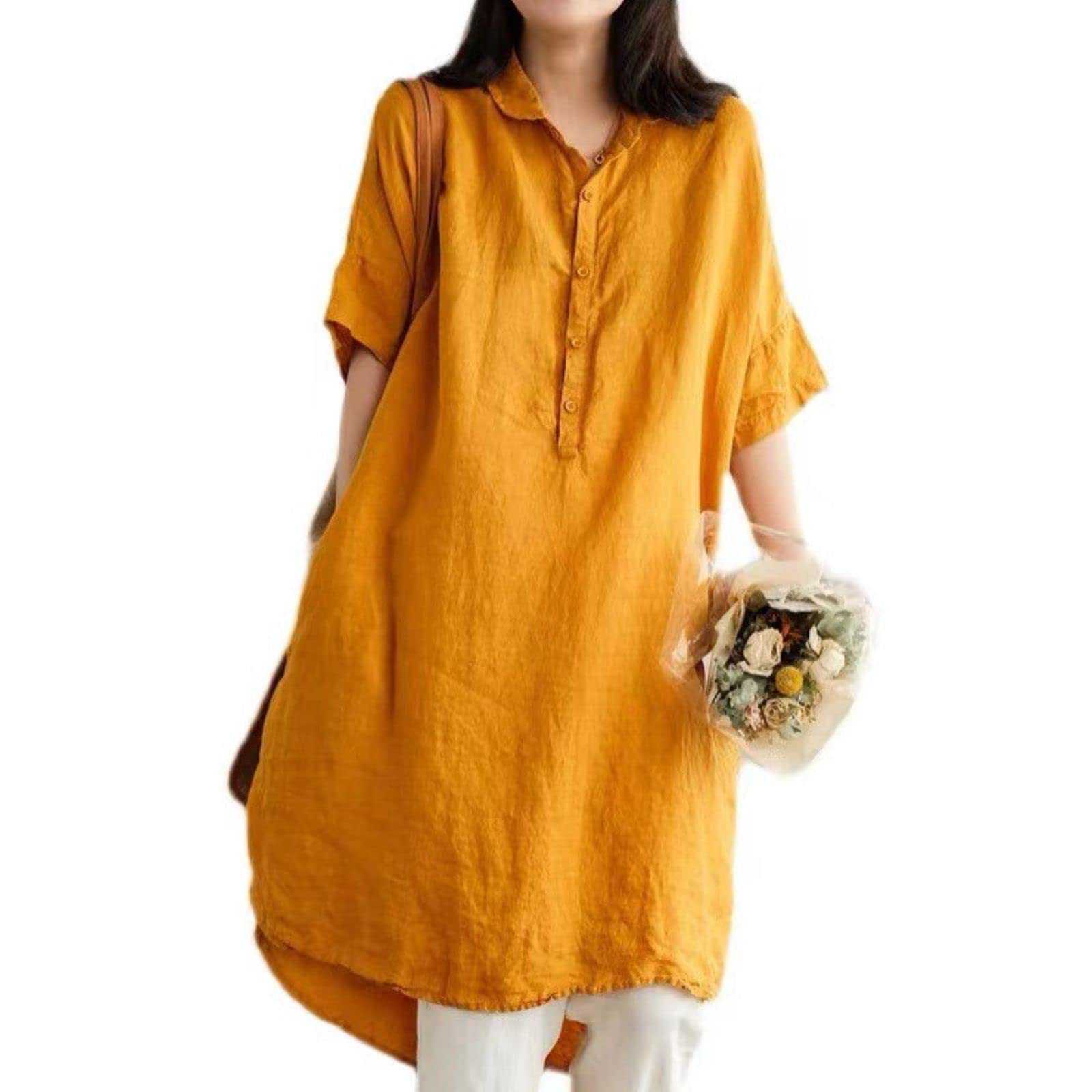 

Feimi Lace Tunic Loose Mori Girl Plus Sizes Suitable for Women Over Yellow and Midi Short Shirt Summer Solid Japanese Perfect for Special Summer