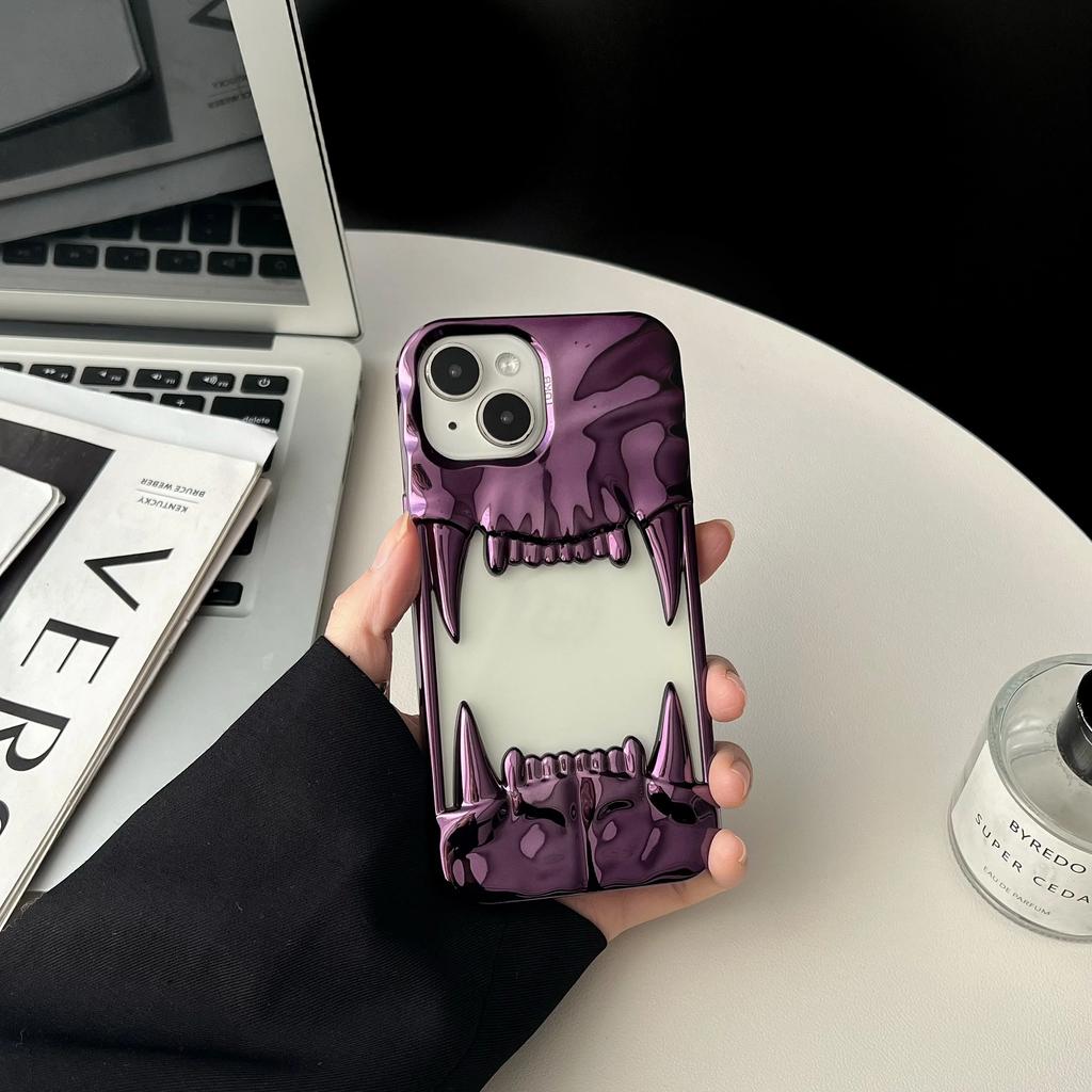 Plating Soft Rubber Frame Tiger Teeth-Shaped Phone Case For 11 12 13 14 15 16 Pro Max Plus TPU Lens Protection Shockproof Cover