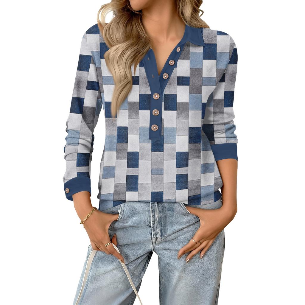 Damen Retro Street Lazy V-Ausschnitt Langarm Knopf Kariert Druck Pullover Top