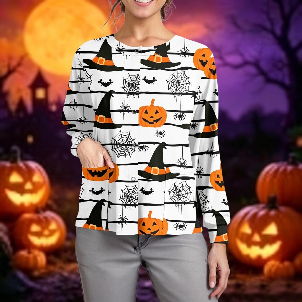 Women Long Sleeve Button Front Cardigan Halloween Print Lightweight Knitwear Pullover Top for Casual Wear and Work