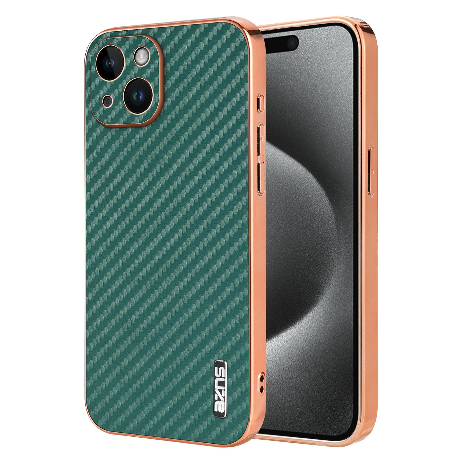 

AZNS For iPhone 15 Case Electroplating Carbon Fiber Texture PU+TPU Phone Cover Green