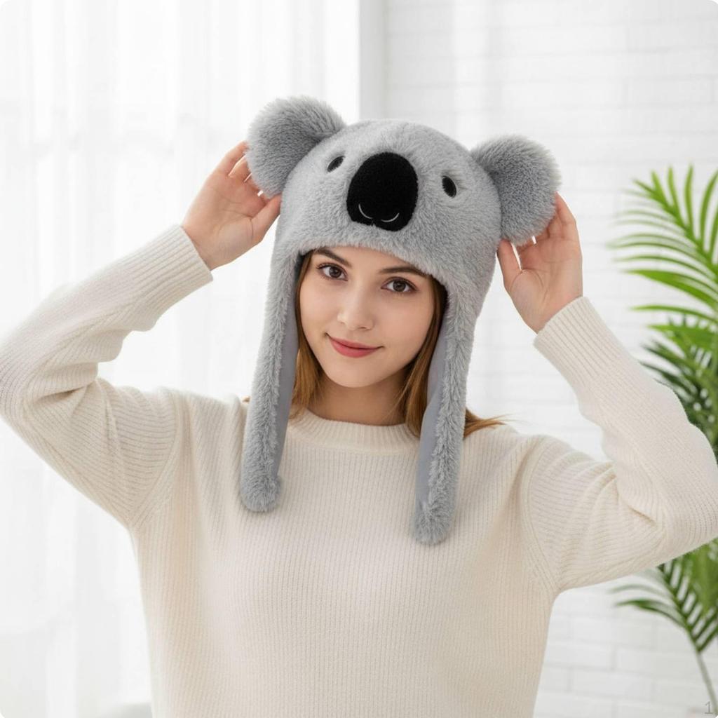 Fuzzy Koala Earflap Hat Ear Protection Warm Soft Animal Character Cap for Women,