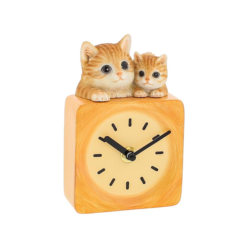 Benny's Analog Cat Figurine Table Clock, Natural Wood-Look Polyresin, Brown Tabby, QB-023Y