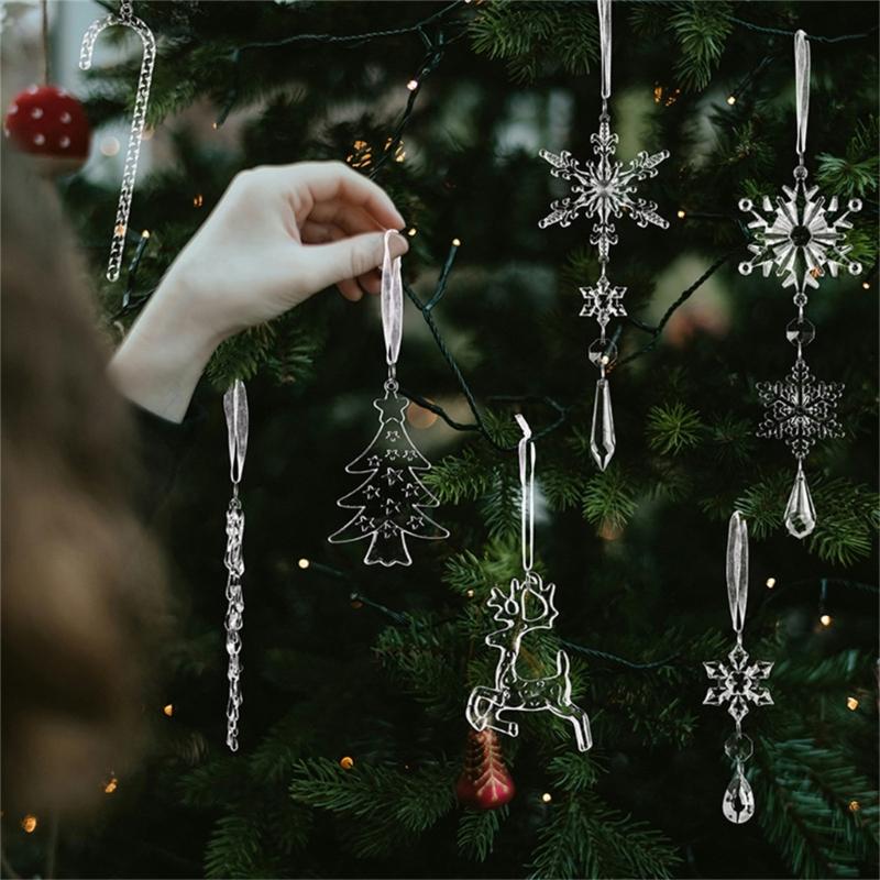 Clear Shatterproof Acrylic Snowflake Icicles Christmas Decorations With Reindeer For Home Party Tree