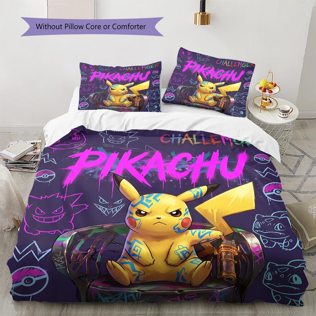 Pokmon Pattern Bedding Quilt Set Quilt Cover Pillowcase Home Birthday Gift(1 * duvet cover + 2 * pillowcase, without core)
