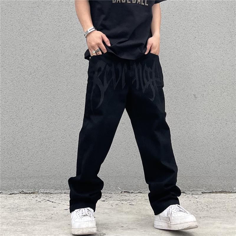 Unisex Black High-Waist Straight Jeans with Retro Embroidered Letters - Hip-Hop Street Style