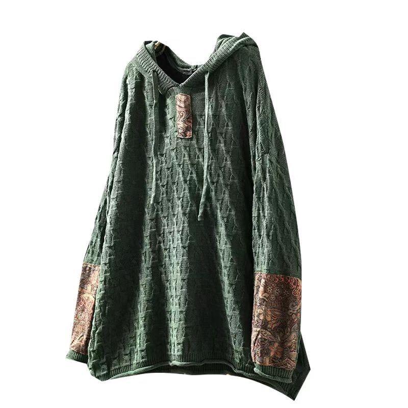 Johnature Damen Winterpullover mit Kordelzug und Kapuze, lässig, mit langen Ärmeln, lockerer Pullover im Vintage-Stil, Farbblockierung