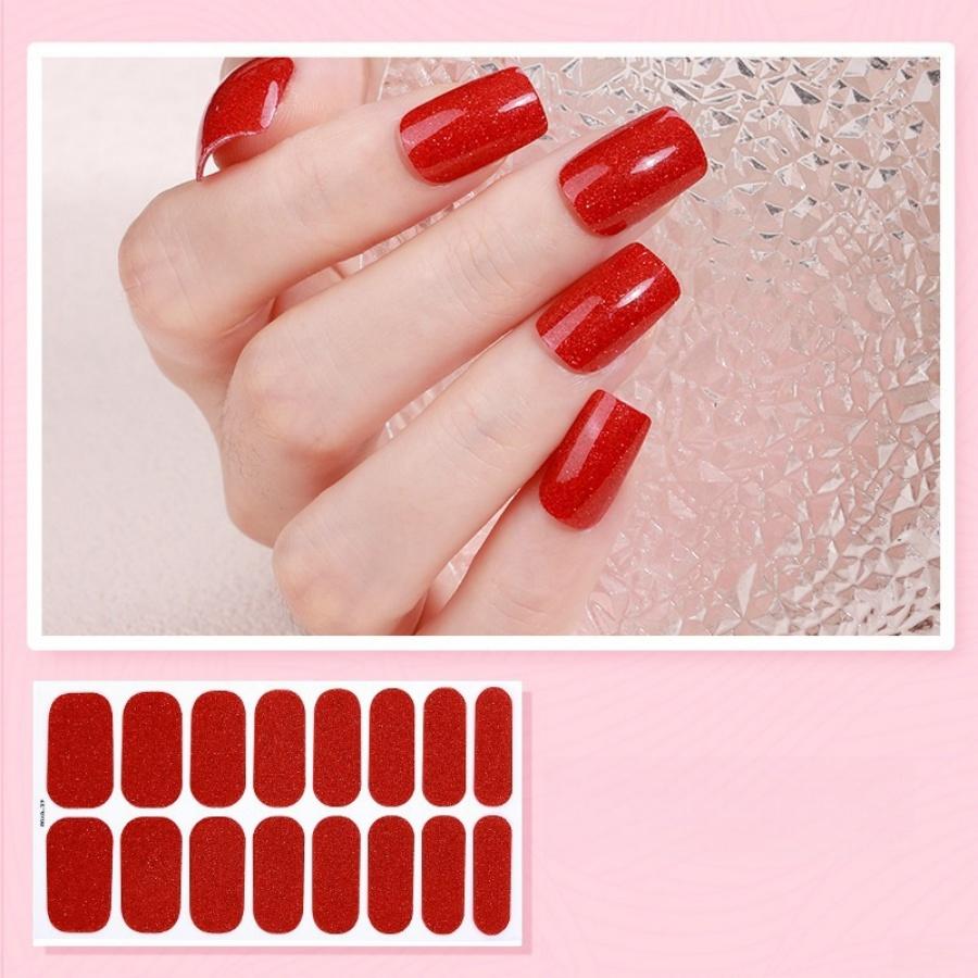 

16pcs/packSolid Color Glitter Nail Stickers Nail Polish Film Nail Stickers Summer Party Shiny Red Silver Disposable Nail Sticker червоний