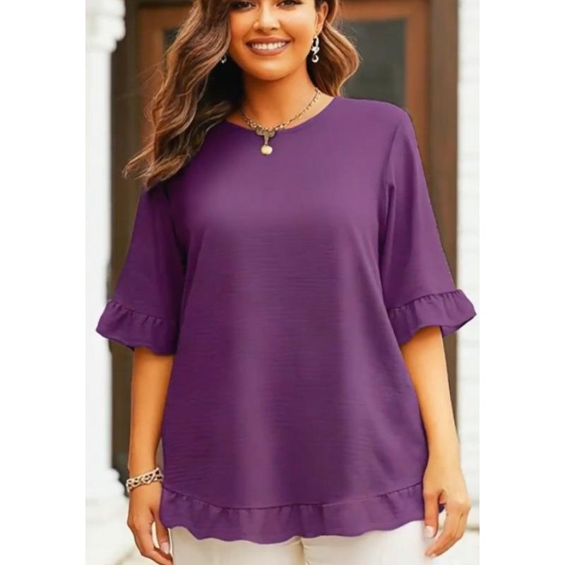 Plus Size Women's Ice Silk Pleated Ruffle Top with Flare Sleeves and Round Neck.