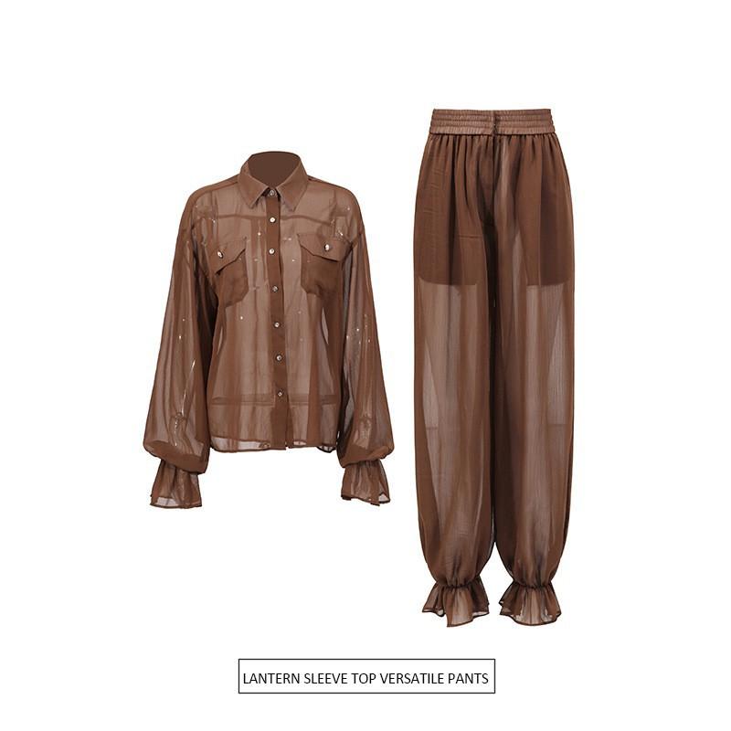 Temperament Casual Fashion Suit Women's Elegant Lapel Long-sleeve Shirt + High-waist Loose Cage Pants