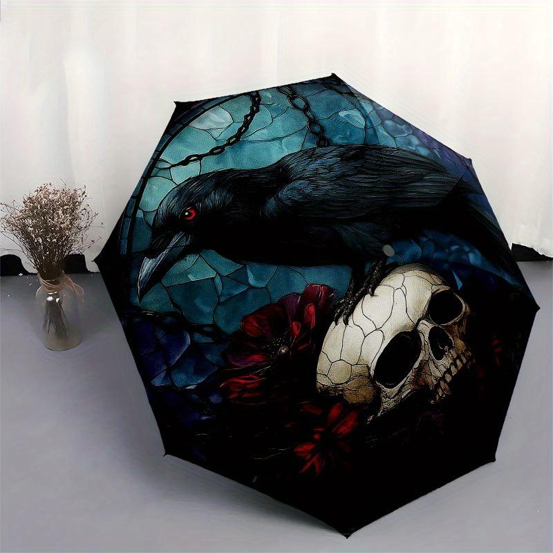 Gothic Raven and Skull Stained Cute Wall Art Decor Umbrella, Portable 3-Fold Compact Umbrella for Men & Women R126
