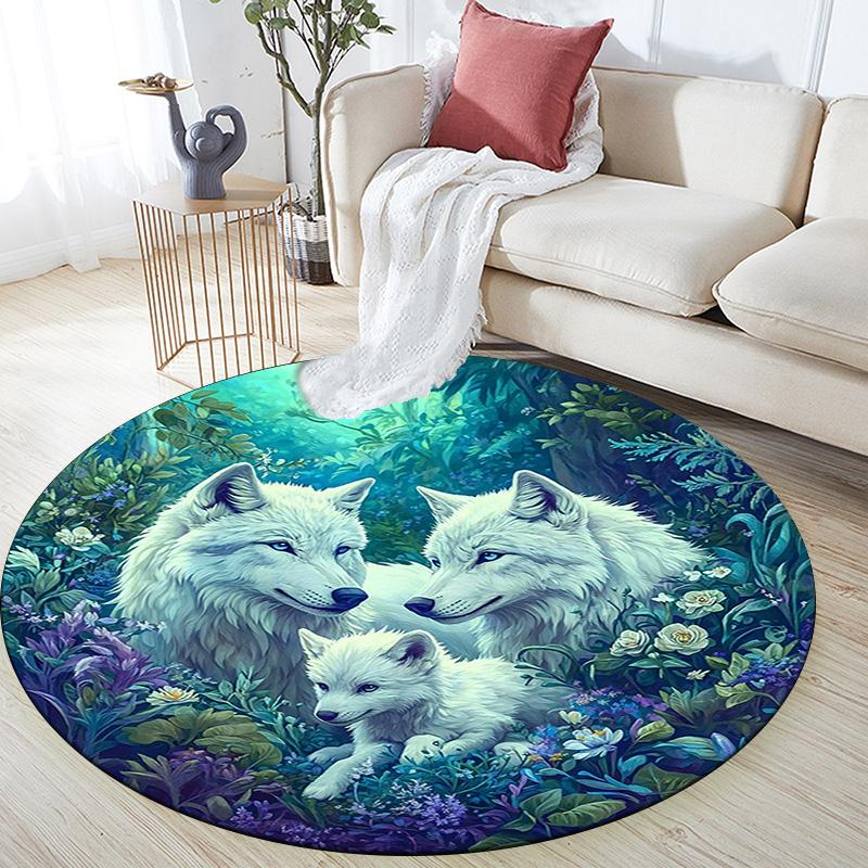 Wolf Family Round Area Rug,Carpet Rug for Living Room Bedroom Sofa Playroom Decor,Non-slip Floor Mat