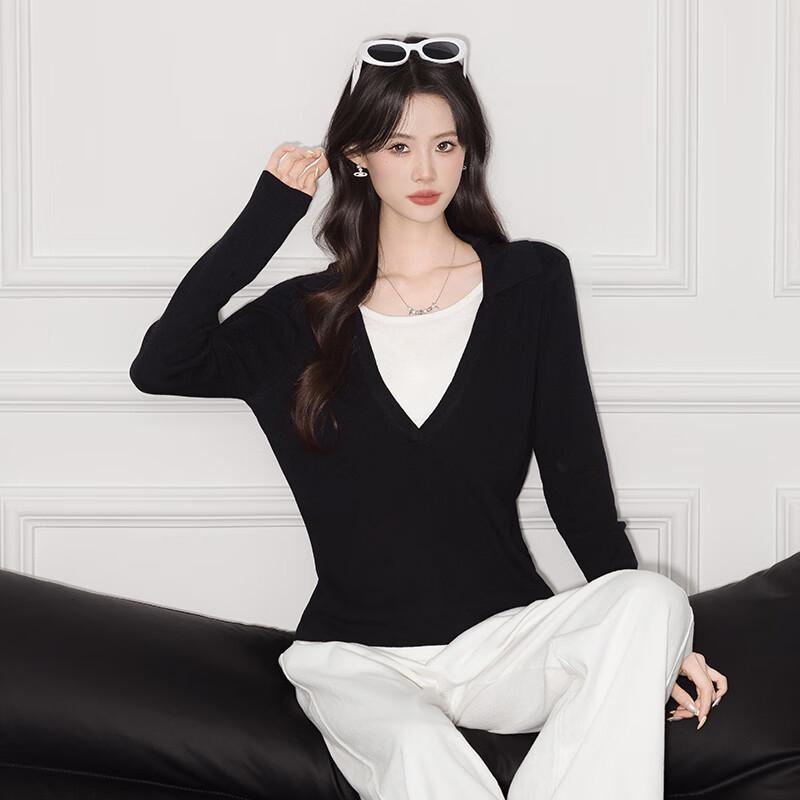 

Women s Faux Two-Piece Striped Patchwork Knit Sweater One Size