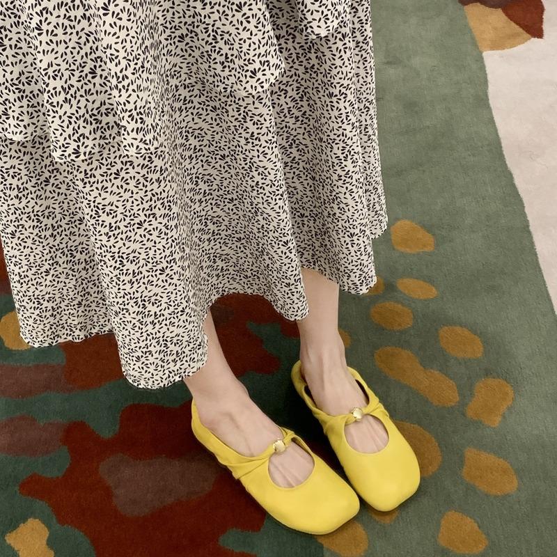 ~ Kink Small Gold Buckle Fashionable Apple Head Soft Waxy Sheepskin Low Heel Single Shoes Women's Spring and Autumn