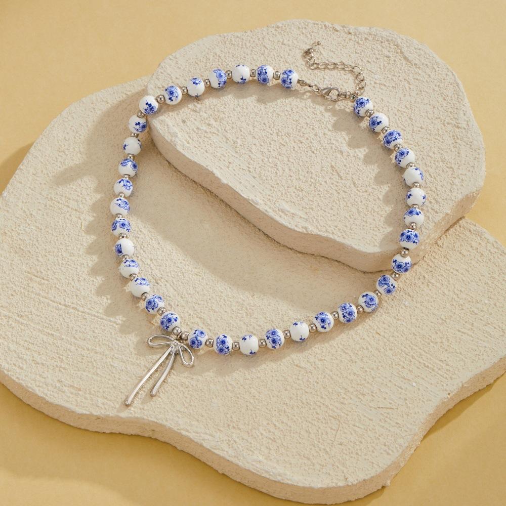 Cute Aesthetic Bowknot Pendant Necklace for Women Blue and White Porcelain Pearl Beaded Rope Chain Choker Necklaces Accessories