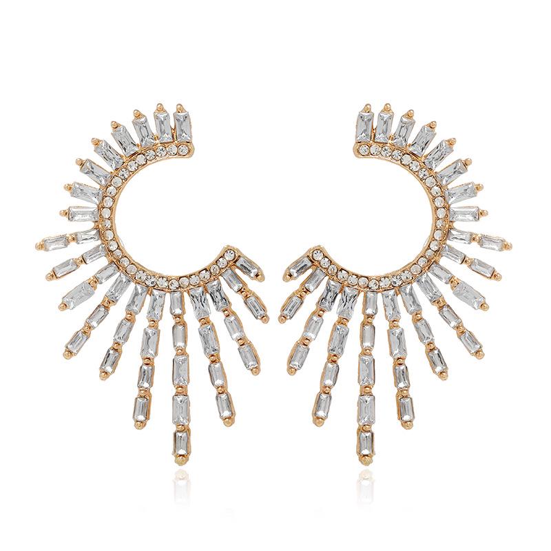 European-American Geometric Metal Earrings: Asymmetrical Hollow Sunflower Studs with Inlaid Diamonds