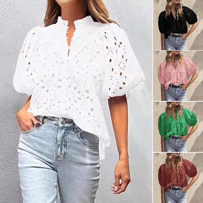 Women Casual Tops V-neck Lantern Short Sleeve Hollow Flower Pattern Blouse Solid Color Pullover Tops