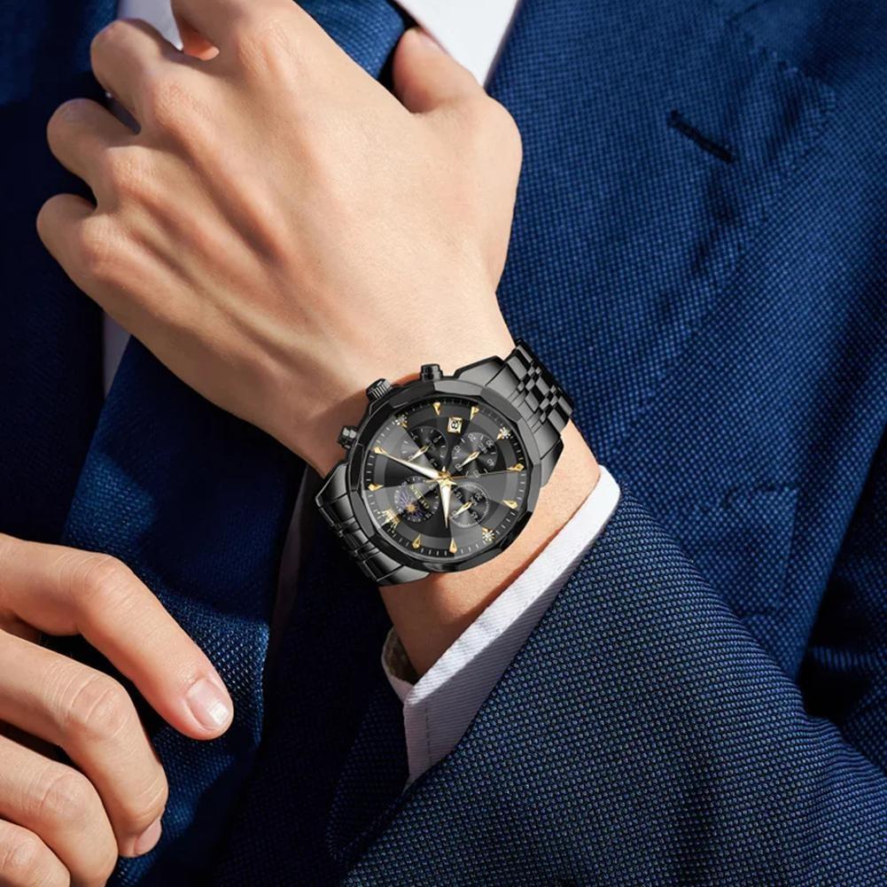 Mens Business Watch Fashion Quartz Watches Multifunctional Chronograph Waterproof Moon Phase Watch Mens Gifts