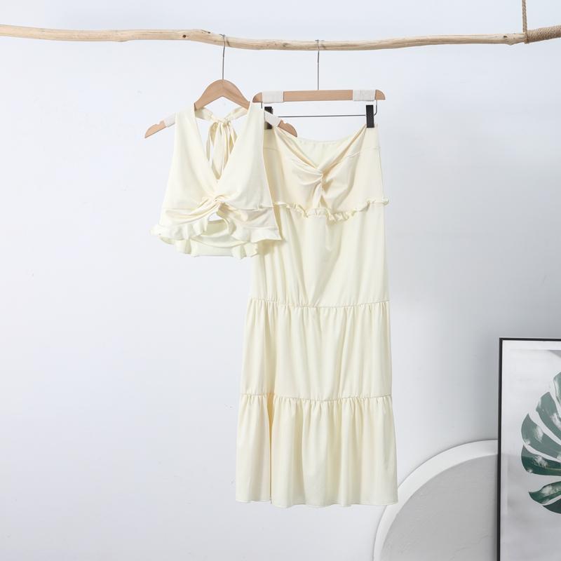 Ruched Elegant 2 Piece Set Women Halter Backless Camisole+Ruffles Loose Skirts Vacation Fashion Trend Classic Outfits