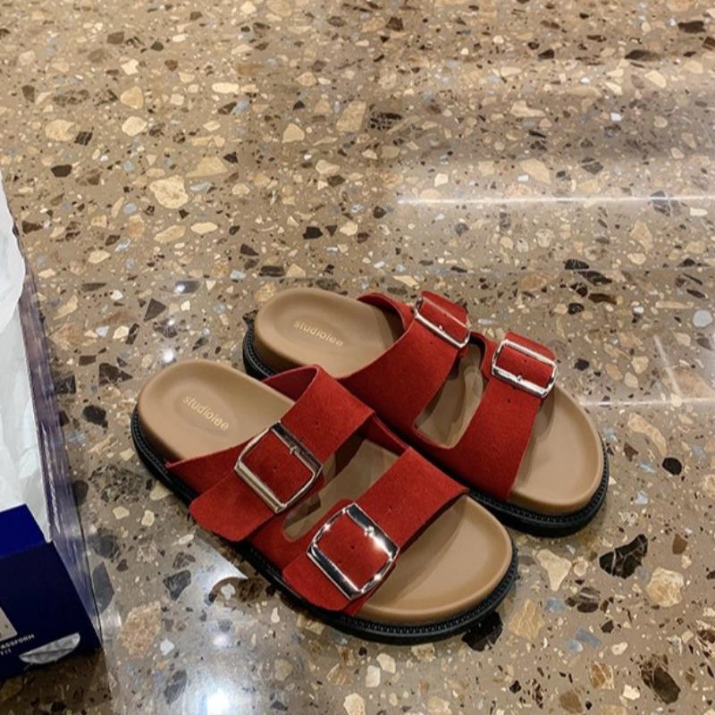 Sheepskin version comfortable lazy double buckle with versatile thick-bottomed half slippers women's summer outdoor sandals