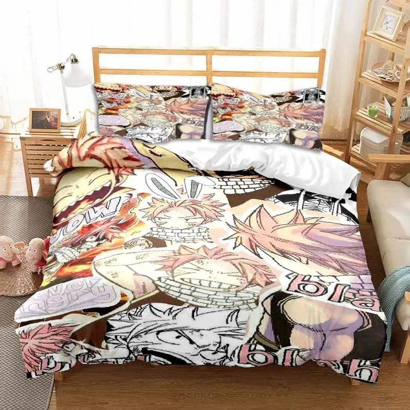 3D Anime Fairy Tail Bedding Set Bed Three-piece Set Duvet Cover Single Double Bed Queen Size Duvet Cover Set Adult Kid's Bedroom Tool