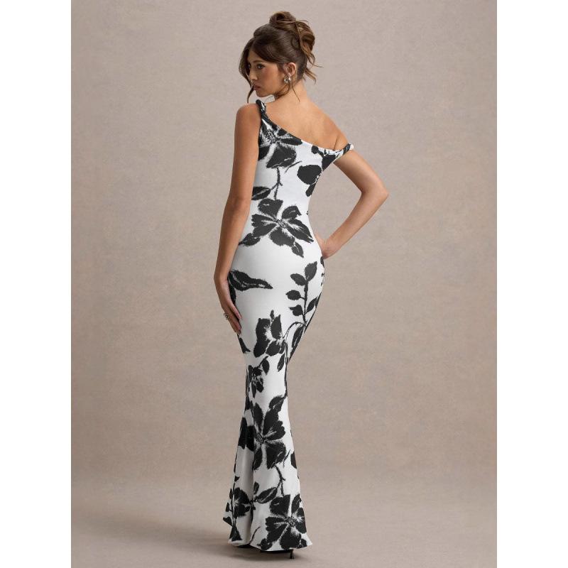 European and American style 2026 summer women's clothing sexy niche slanted shoulder curled edge slim fit hip wrap print dress