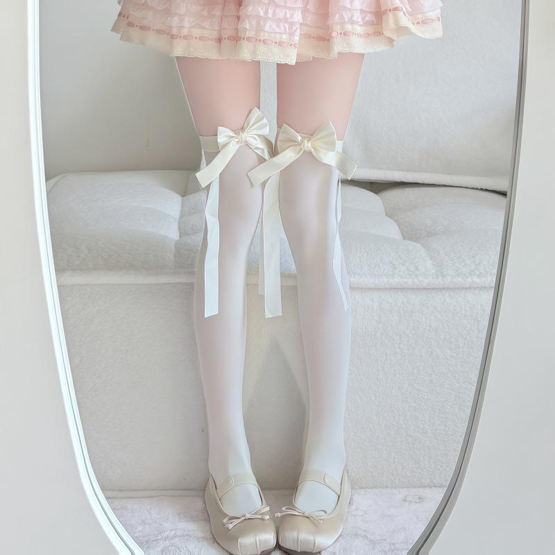 Cream Velvet Over-the-Knee Swallowtail Bow Socks for Girls