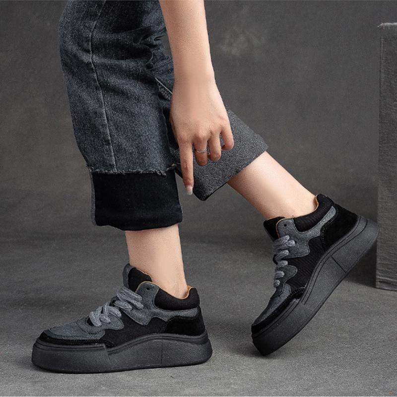 Johnature Chaussures plates décontractées à lacets en cuir véritable à semelles épaisses et bout rond pour femmes, chaussures à plateforme polyvalentes