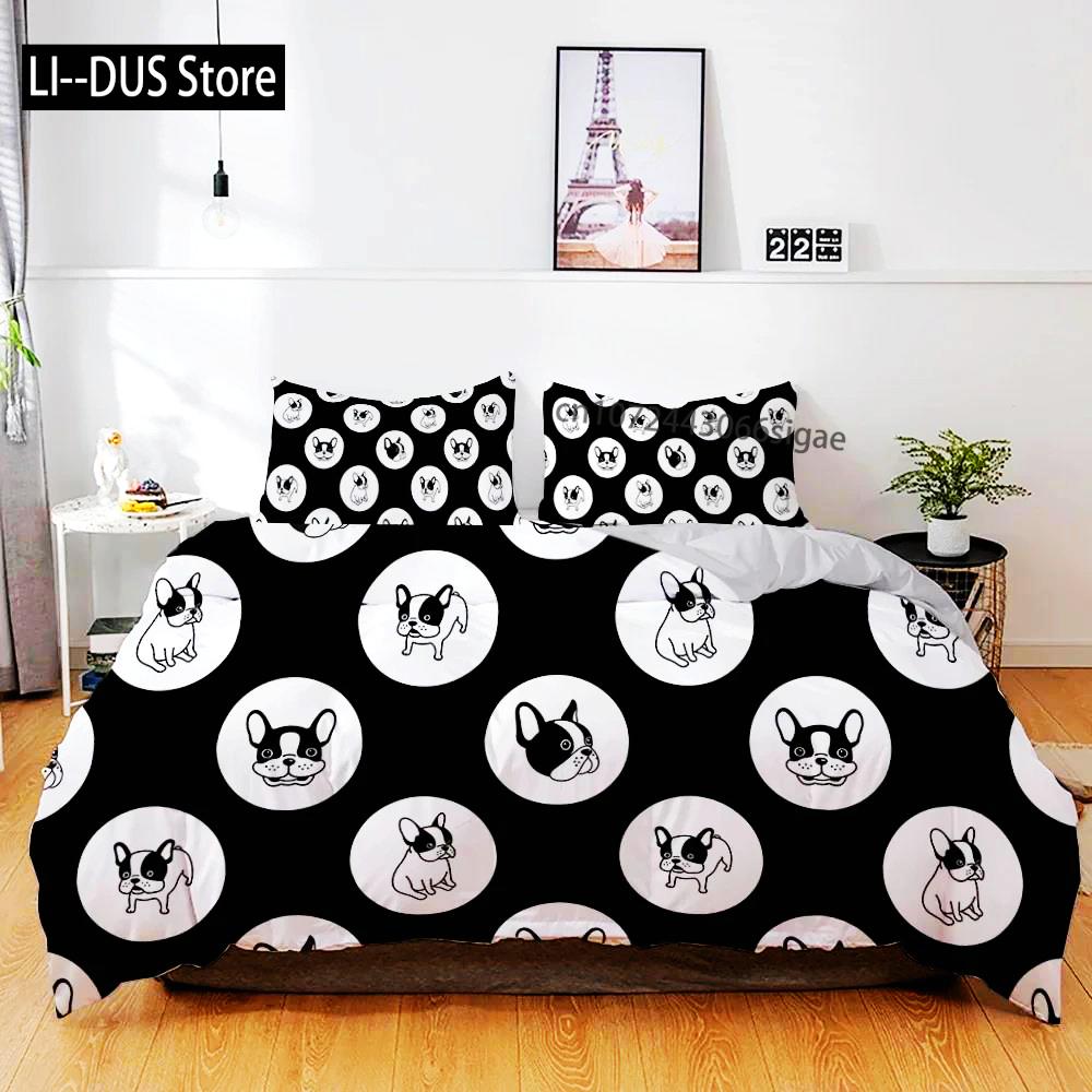3D Hunde Bettwäsche Set Niedliches Französische Bulldogge Welpe Bettbezug Sets Cartoon Bettdecke Haustiere Heimtextilien Queen 2/3Stk. King Full
