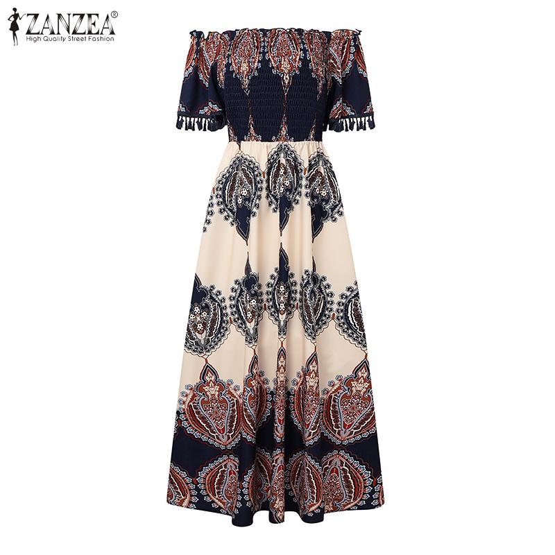 ZANZEA Women Casual Off Shoulder Short Sleeve Bohemian Print Long Dress