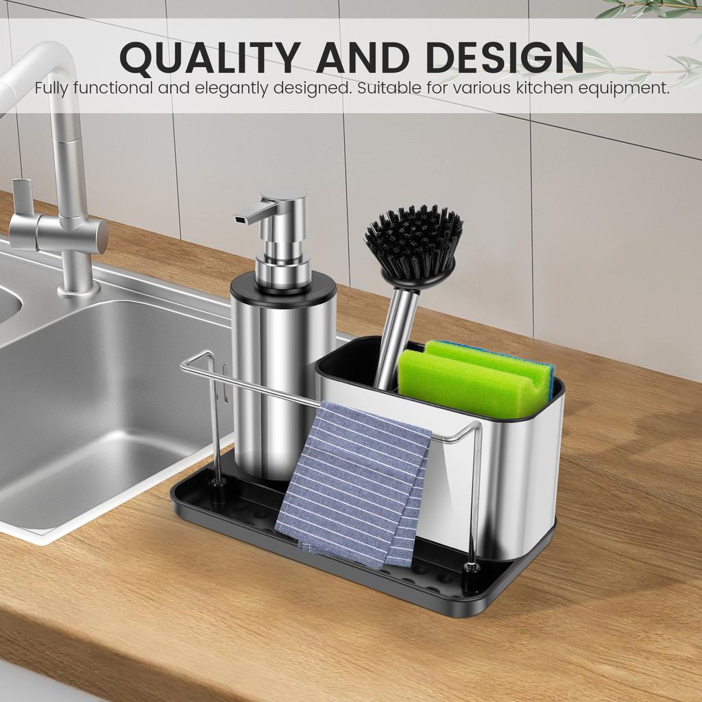 3-in-1 Zeepdispenser Pomp Set met Borstel Spons Houder Handdoekrek Keuken Spoelbak Afwasmiddel Dispenser Schoonmaakgereedschap Opbergruimte