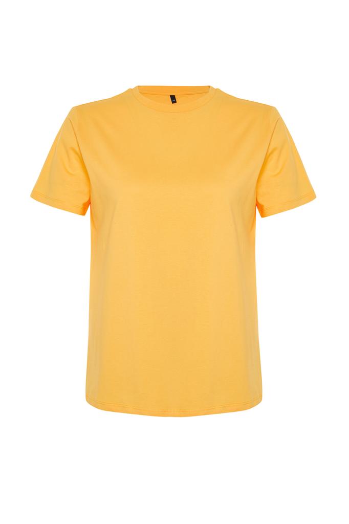 Women's Fashion Plus Size T-Shirt Crew Neck Short Orange Slit and Ruffle Detailed Boyfriend Knitted T-shirt