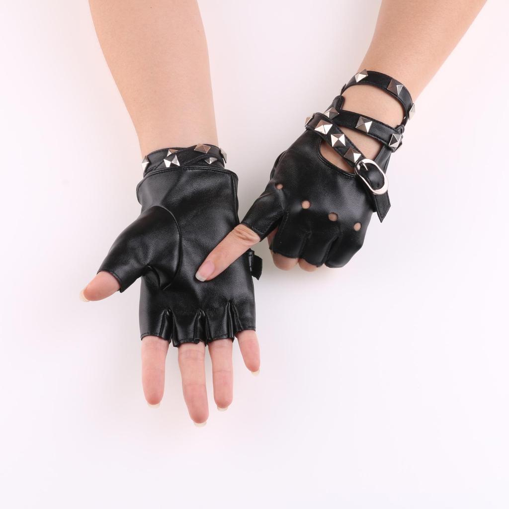 Women's Cool Punk Leather Dance Gloves for Nightclub and Performance