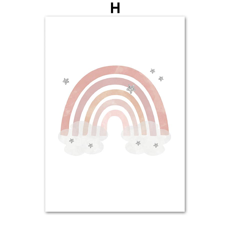 Cute Sun Rainbow Clouds Butterfly Flower Wall Art Canvas Painting Pink Posters And Prints Pictures Girl Kids Room Bedroom Decor