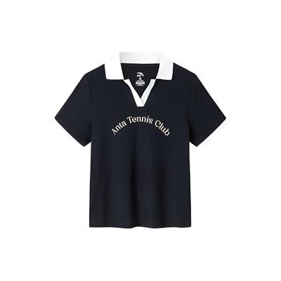 Tennis Series Color Block Pullover Short Sleeve Polo Shirt Women Tops Black 162423107-2