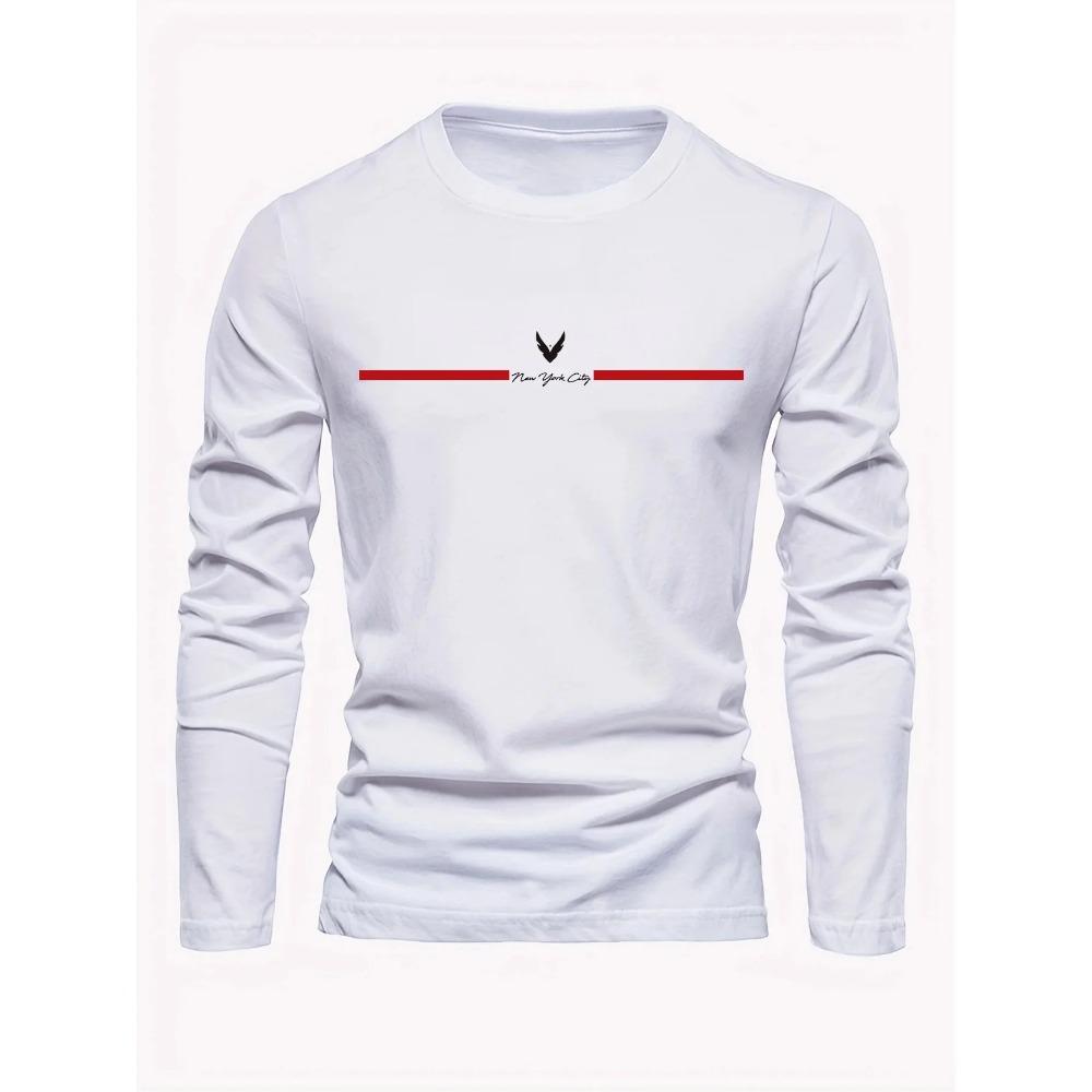 Spring and Autumn Round Neck 3D Letter "New York City" Graphic Printed Top Fashionable Casual Simple Long Sleeved Men's T-shirts